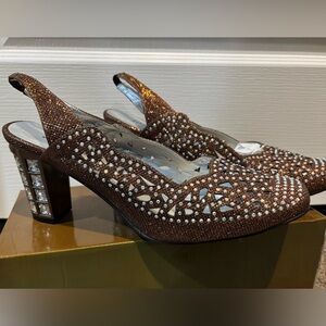 Coffee brown glitter & rhinestone embellished sling back block heel shoes 11